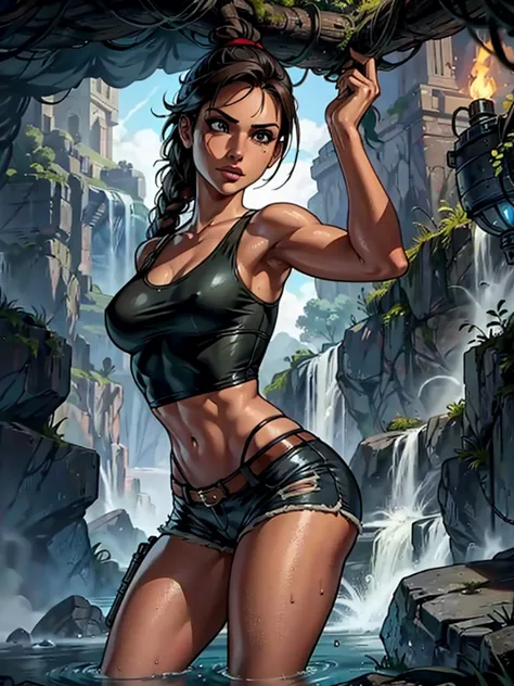 Tomb Raider, Lara Croft inside a cave that spreads around the site with a torch in her hand, toples, small and ripped shorts, wa...