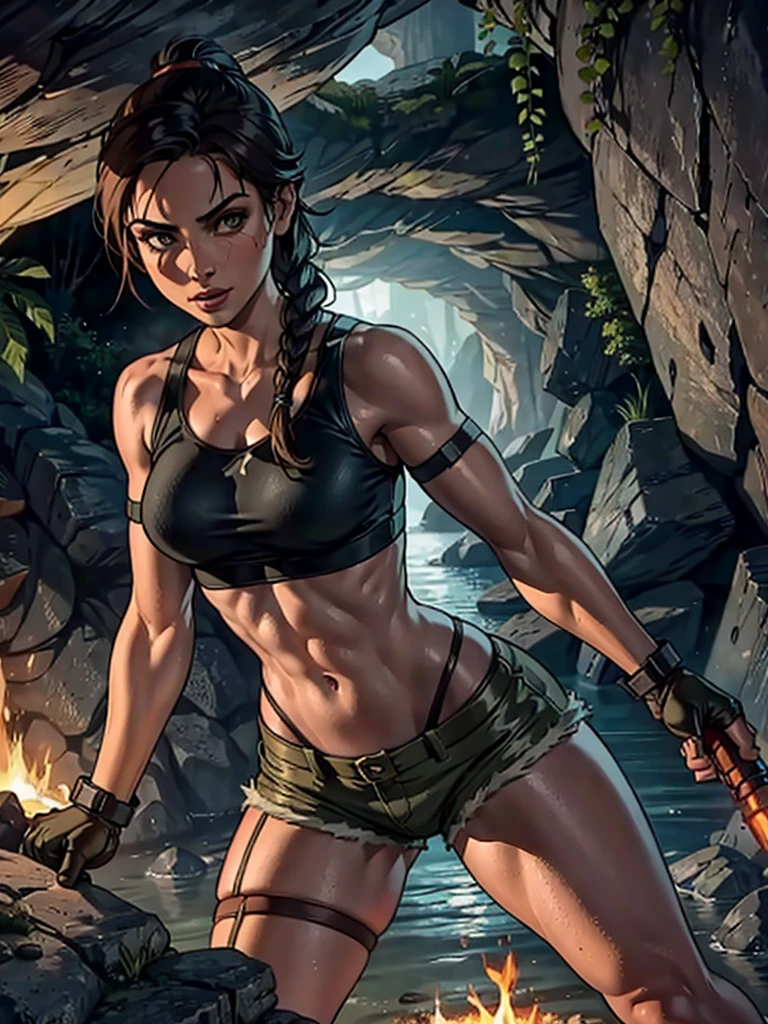 Tomb Raider, Lara Croft inside a cave that spreads around the site with a torch in her hand, toples, small and ripped shorts, water, sexly