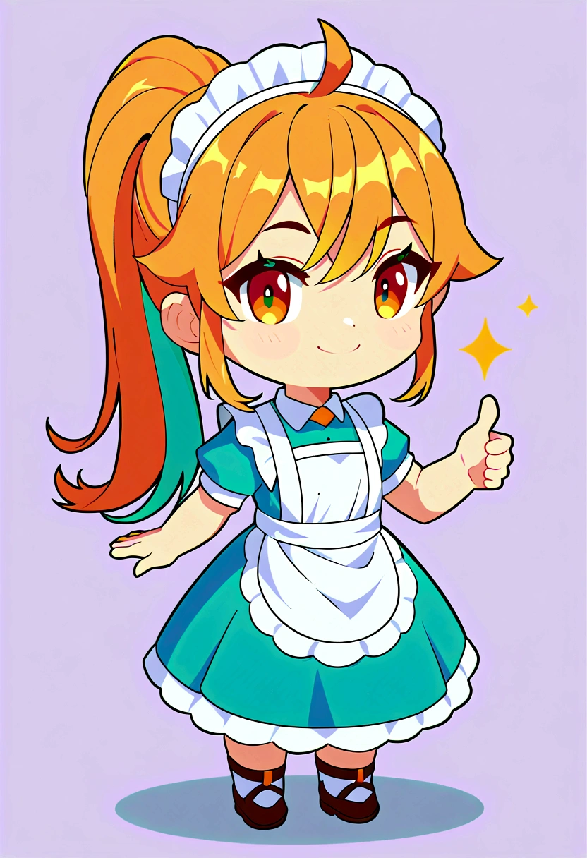 score_9, score_8_up, score_7_up, score_6_up, masterpiece, best quality, (chibi style, chibi emote), focus face, centered, 1girl, (multicolored hair, ponytail hairstyle), orange eyes, thumbs up, smile, fair skin, cyan and white maid dress, white background, simple background