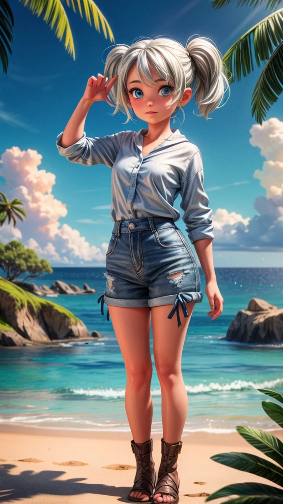 a beautiful young girl with twin tails silver hair, blue eyes, standing on a deserted island beach, waving at a passing boat, blue sky with white clouds, (best quality,4k,8k,highres,masterpiece:1.2),ultra-detailed,(realistic,photorealistic,photo-realistic:1.37),beautiful detailed eyes,beautiful detailed lips,extremely detailed eyes and face,longeyelashes,serene landscape,idyllic paradise,warm sunlight,vibrant colors