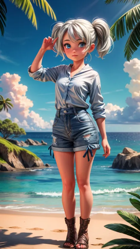 a beautiful young girl with twin tails silver hair, blue eyes, standing on a deserted island beach, waving at a passing boat, bl...
