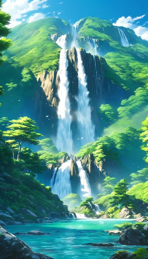 anime of a waterfall and a mountain with a waterfall in the foreground, anime landscape, anime landscape wallpaper, anime nature...