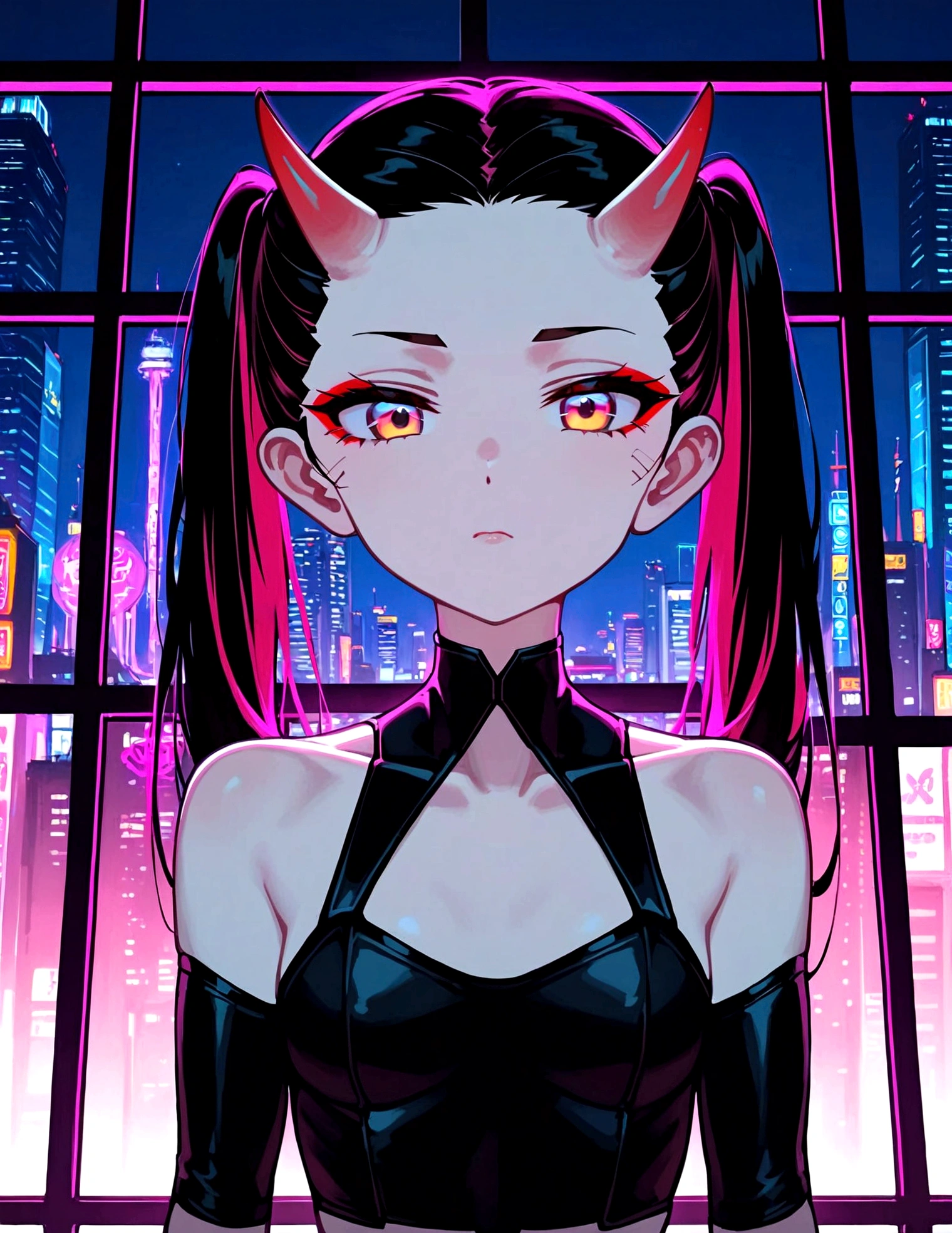 Anime Oni-girl. She has long pink twintails and parted bangs. ((forehead))++. She is wearing a red and black gothic dress. She has oni horns. The background includes a cyberpunk cityscape visible through a cracked window. Neon glows and deep shadows. Created Using: digital illustration, cyberpunk style, high contrast, vibrant neon colors, sleek design, gritty textures, hd quality