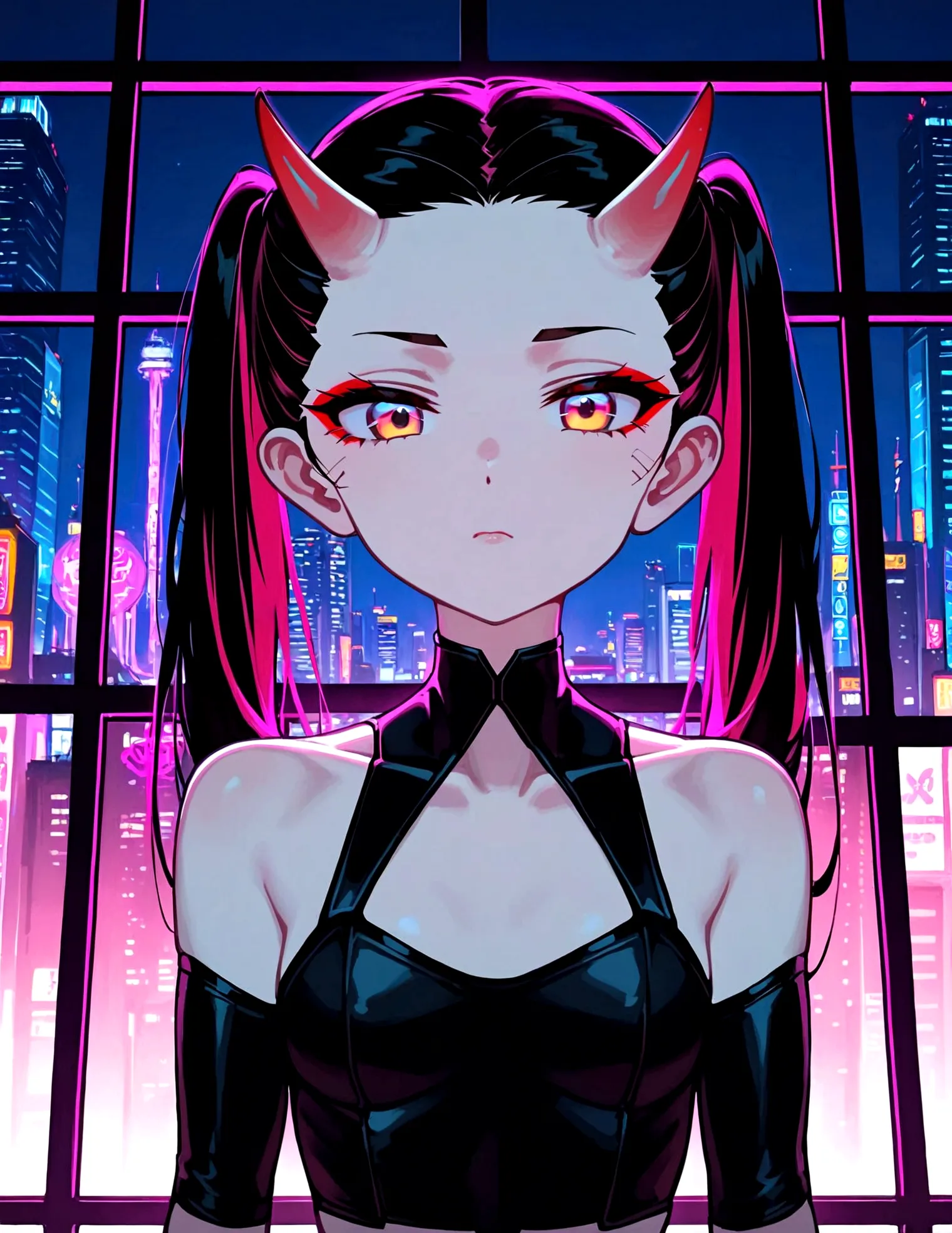 anime oni-girl. she has long pink twintails and parted bangs. ((forehead))++. she is wearing a red and black gothic dress. she h...