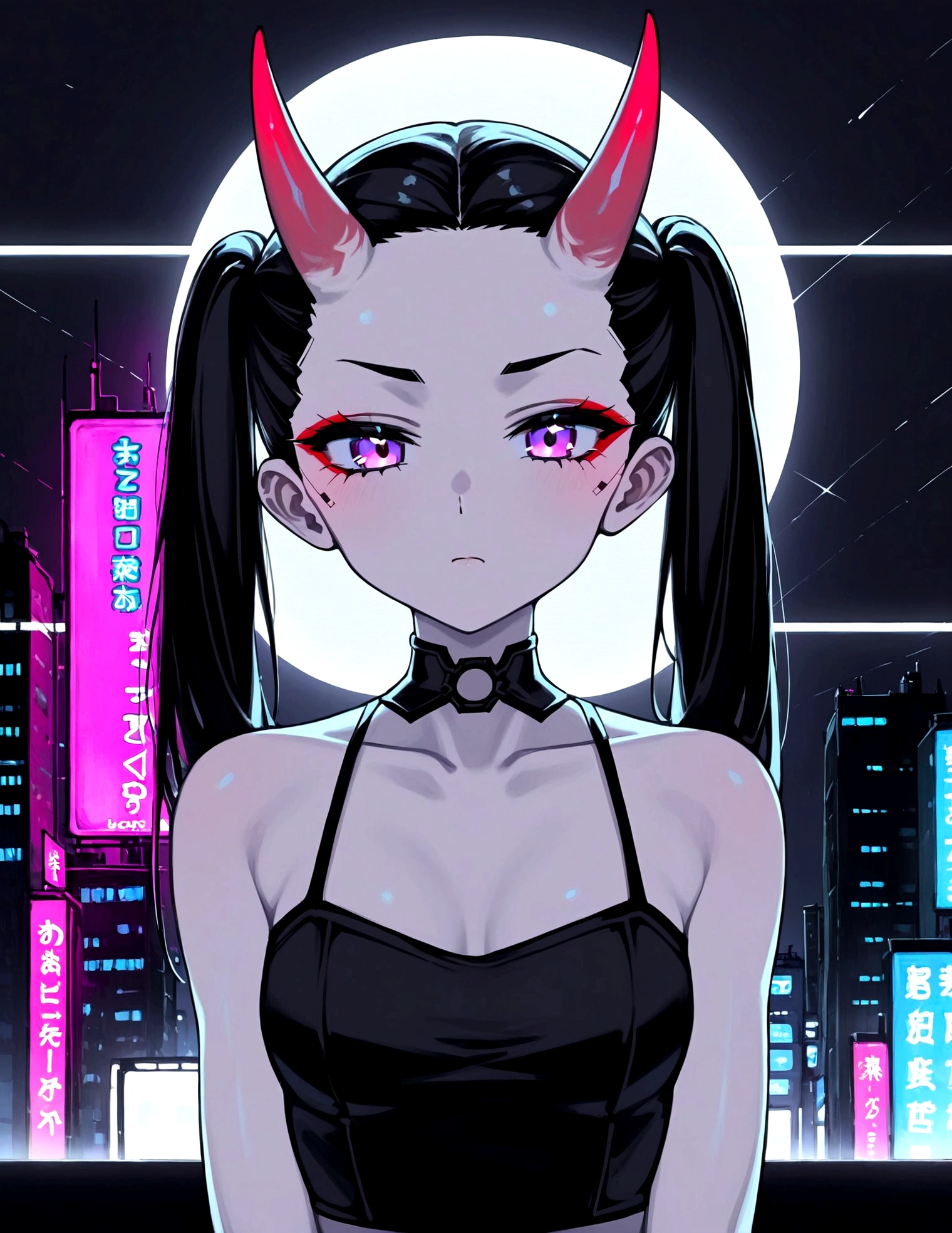 Anime Oni-girl. She has long pink twintails and parted bangs. ((forehead))++. She is wearing a red and black gothic dress. She has oni horns. The background includes a cyberpunk cityscape visible through a cracked window. Neon glows and deep shadows. Created Using: digital illustration, cyberpunk style, high contrast, vibrant neon colors, sleek design, gritty textures, hd quality