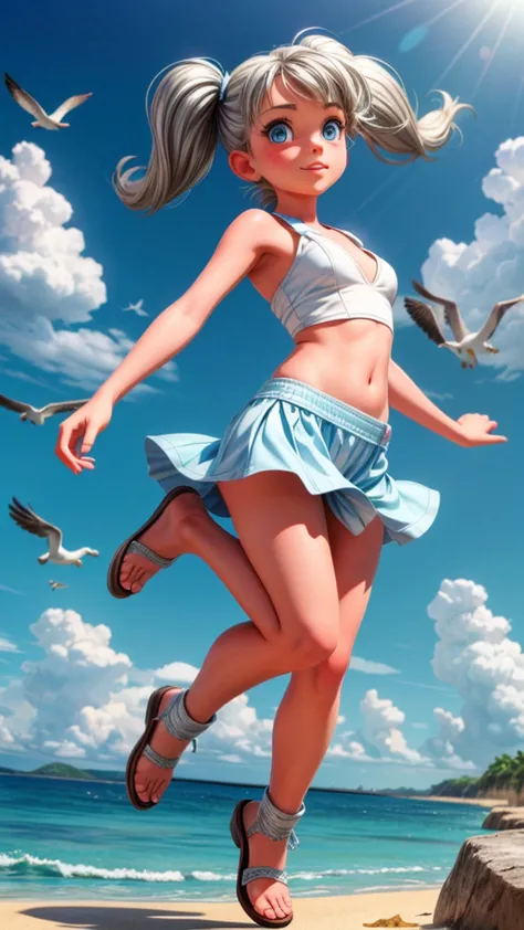 a beautiful young girl with silver twin tails, blue eyes, jumping on a beach with a yacht, seagulls, white clouds, blue sky