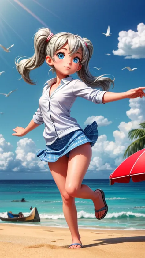 a beautiful young girl with silver twin tails, blue eyes, jumping on a beach with a yacht, seagulls, white clouds, blue sky