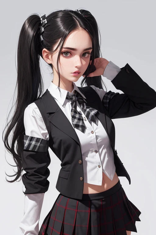 ((best qualityer), (hyperrealisti), mh-yk, Occupation: University Student. Appearance: A slender young woman with long black hair styled in twintails. she has fair skin, striking facial features and intense dark eyes that convey intelligence and focus. Her outfit consists of a white blouse, black vest e plaid hip skirt, suggesting university uniform. badass clothing: white blouse, black vest, plaid hip skirt (schoolar uniform) 