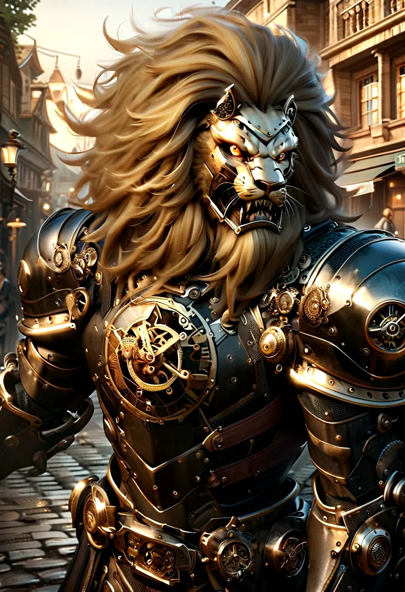 Lion Knight wearing combat uniform, on the street, black armor, Clock designs, Lion Man