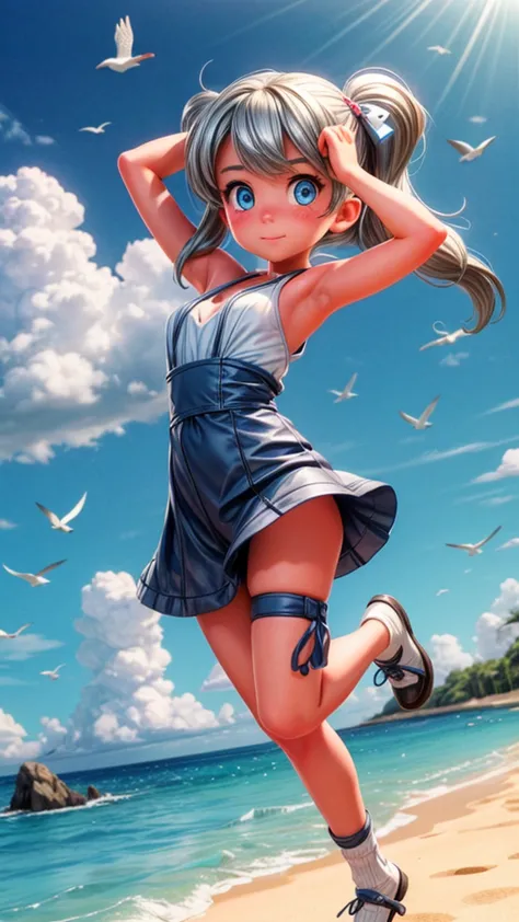 a beautiful young girl with silver twin tails, blue eyes, jumping on a beach with a yacht, seagulls, white clouds, blue sky