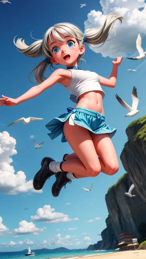 a beautiful young girl with silver twin tails, blue eyes, jumping on a beach with a yacht, seagulls, white clouds, blue sky
