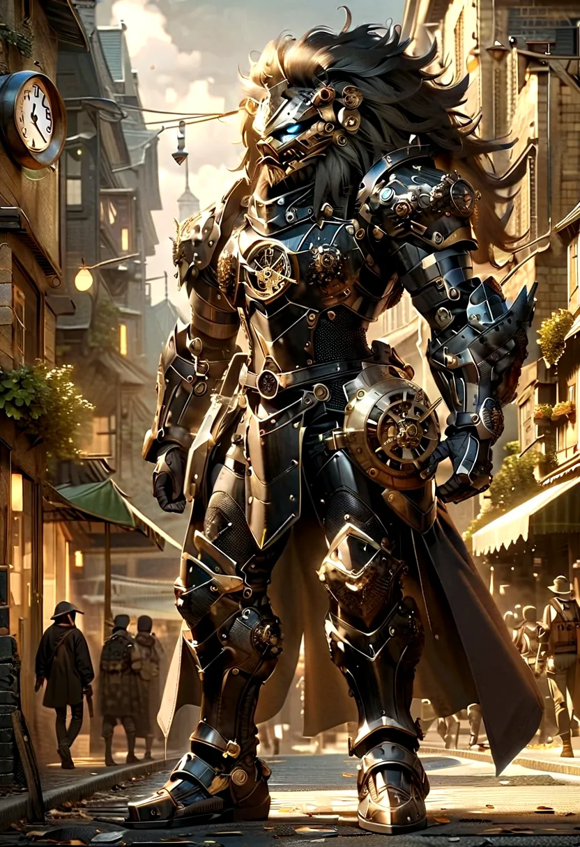 Lion Knight wearing combat uniform, on the street, black armor, Clock designs, Black Lion Man, Black Color armor
