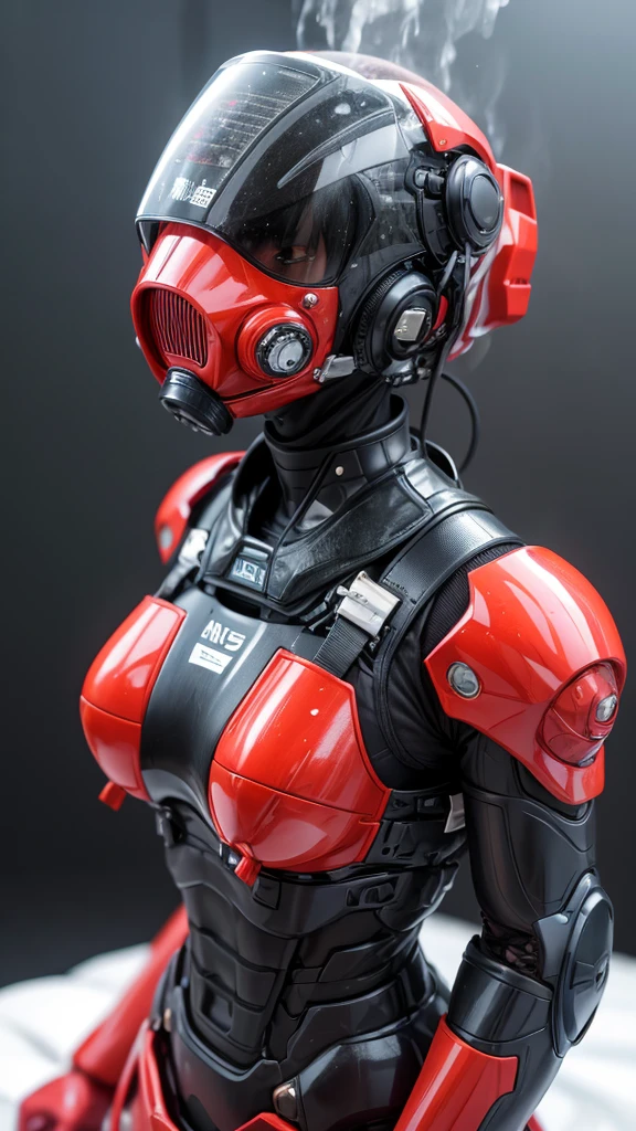 Highest quality　8k Red　Robot Suit Girl　Japanese middle-aged women　Sweaty face　cute　short hair　boyish　Steam coming out of my head　My hair is wet with sweat　The feel of black hair　Full body portrait　My upper body is soaked　 Airtight headgear　I can see the vagina　Lying in bed　Futuristic gas mask　Futuristic Headgear　Steam coming out of the body　The visor is open, exposing my sweaty face.