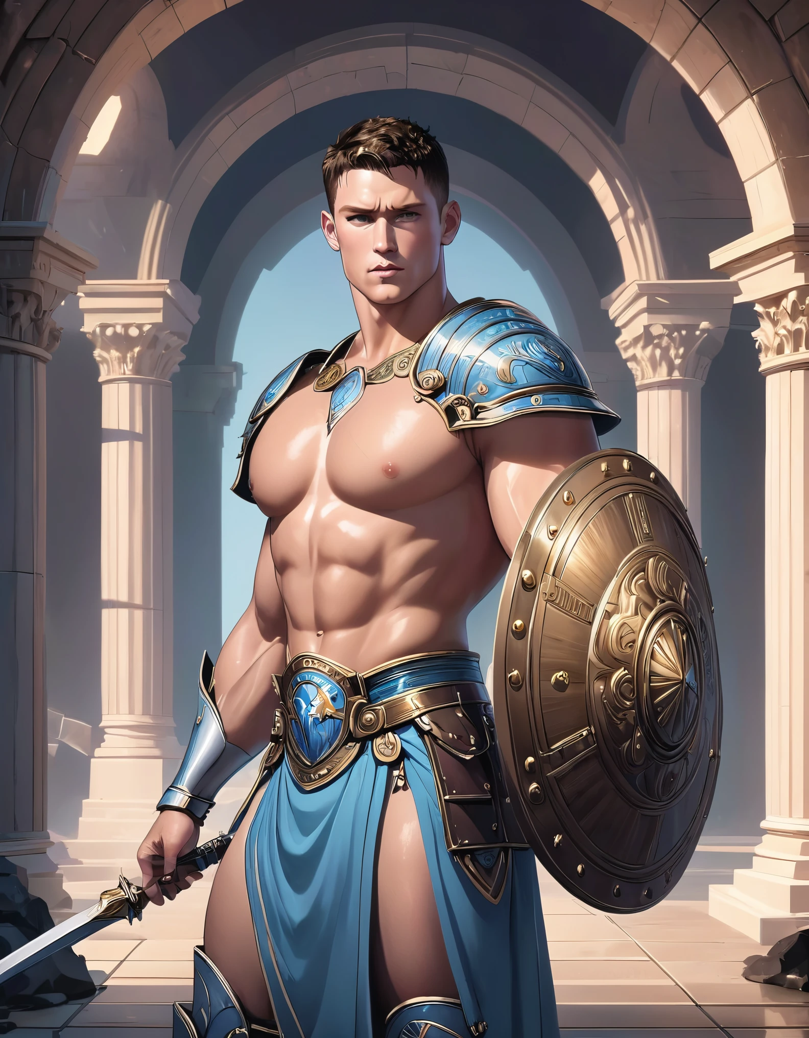 chiaroscuro technique on sensual illustration of an masculine, 26-year-old Italian male model, handsome Roman, (John Cena) he is the god of war, he is Ares, Mars, evil-looking, strong look, light blue eyes, strong jawline, dressed as a gladiator, ancient gladiator, male gladiator skirt, matte painting, by Harumi Hironaka, extremely soft colors, vibrant, pastel, highly detailed, digital artwork, high contrast, golden dramatic, refined, tonal, an intimate, seductive studio setting with a focus on sensuality and romance. Utilize soft, warm lighting that bathes the space in a gentle, inviting glow. Incorporate luxurious fabrics, plush furnishings, and a touch of decadence to evoke an opulent ambiance. The scene should exude an air of serenity and anticipation, inviting the viewer into a sensual and romantic space