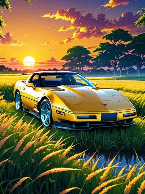 anime landscape of A pearl super space laser yellow classic 1992 Corvette ZR1 sport sits in a field of tall grass with a sunset ...