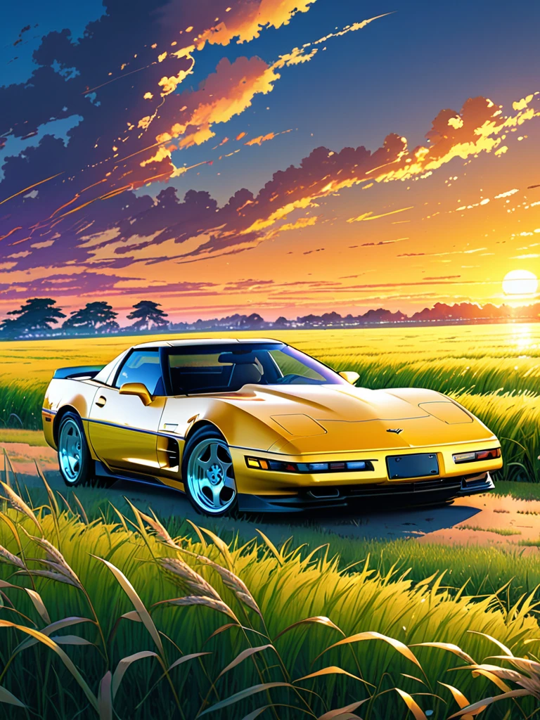 anime landscape of A pearl super space laser yellow classic 1992 Corvette ZR1 sport sits in a field of tall grass with a sunset in the background.beautiful anime scene, beautiful anime peace scene, Makoto Shinkai Cyril Rolando, beautiful anime scene, amazing wallpaper, anime art wallpaper 8k, anime background, artistic anime background, anime wallpaper 4k, anime art 4k wallpaper, anime wallpaper art 4k,