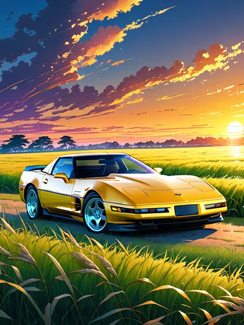 anime landscape of A pearl super space laser yellow classic 1992 Corvette ZR1 sport sits in a field of tall grass with a sunset ...