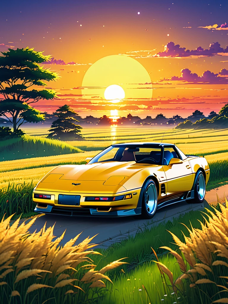 Anime-Landschaft einer perlmuttfarbenen, super-space-lasergelben klassischen Corvette ZR1 Sport von 1992, die auf einem Feld mit hohem Gras steht, im Hintergrund ein Sonnenuntergang.schöne Anime-Szene, Schöne Anime-Friedensszene, Makoto Shinkai Cyril Rolando, schöne Anime-Szene, tolle Tapete, Anime-Kunst-Hintergrundbild 8K, Anime-Hintergrund, artistic Anime-Hintergrund, Anime-Hintergrundbild 4k, Anime-Kunst 4k Hintergrundbild, Anime-Tapetenkunst 4k,