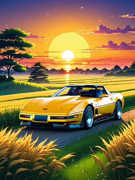 anime landscape of A pearl super space laser yellow classic 1992 Corvette ZR1 sport sits in a field of tall grass with a sunset ...
