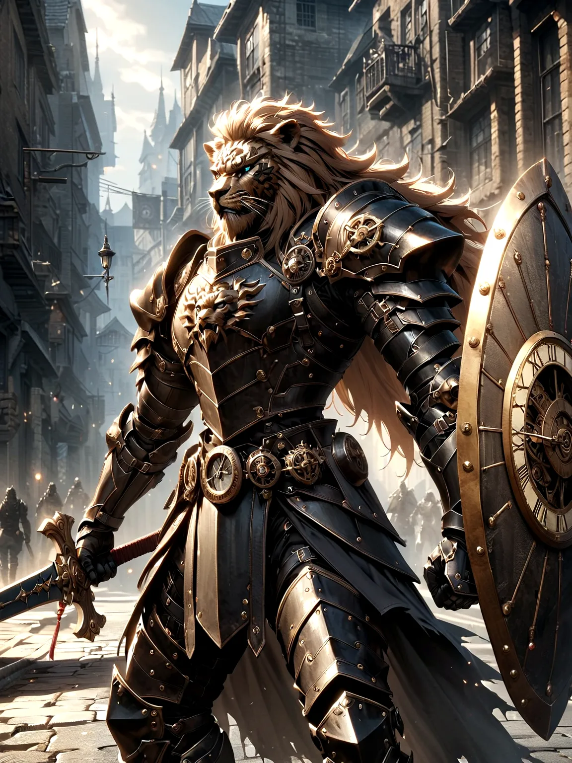 Lion Knight wearing combat uniform, on the street, black armor, Clock designs, Black Lion Man, Black Color armor, Sword and Shie...