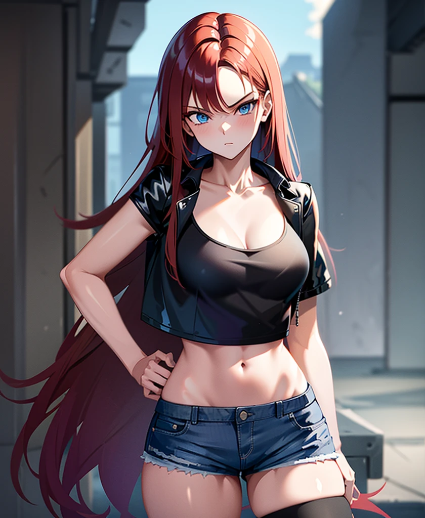 18 year old young girl, redhead with blue eyes, black leather jacket, short white shirt, hot blue short jean shorts, aura around the body dark red, serious look, sexy, long bristly hair