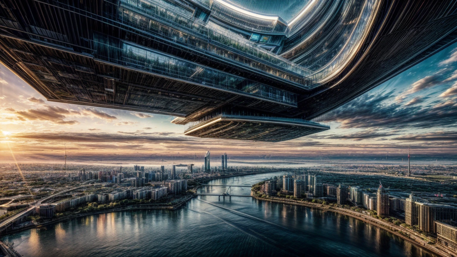 (Best quality,4K,8K,A high resolution,Masterpiece:1.2),Ultra-detailed,(Realistic,Photorealistic,photo-realistic:1.37),Futuristic floating city,Futuristic technology,Huge urban high-tech tablet platform,Airship,Floating in the sky,Futuristic city,Small airships around,High-tech hemispherical platform,Colorful lights,Advanced architecture,modernn architecture,skyscrapper,Access the cloud,Scenic beauty,view over city,Impressive design,Blend seamlessly with nature,energetic and vibrant atmosphere,Futuristic transportation system,Parking is suspended,Transparent path,Lush greenery,Sky gardens,cascading waterfalls,Magnificent skyline,reflections on the water,Sparkling river,Architectural innovation,futuristic skyscrapers,Transparent dome,The shape of the building is unusual,Elevated walkway,Impressive skyline,Glowing lights,Futuristic technology,Minimalist design,Scenic spots,Panoramic view,Cloud Piercing Tower,Vibrant colors,epic sunrise,epic sunset,Dazzling light display,magical ambiance,The future city,Urban Utopia,LuxuryLifestyle,Innovative energy,sustainable development,Smart city technology,Advanced infrastructure,Tranquil atmosphere,Nature and technology live in harmony,Awesome cityscape,Unprecedented urban planning,Architecture connects seamlessly with nature,High-tech metropolis,A cutting-edge engineering marvel,The future of urban living,Visionary architectural concept,Energy-efficient buildings,Harmony with the environment,A city floating above the clouds,Utopian dreams become reality,The possibilities are endless,State-of-the-art transportation network,Green energy integration,Innovative materials,Impressive holographic display,Advanced communication system,Breathtaking aerial view,Quiet and peaceful environment,Modernist aesthetics,Ethereal beauty