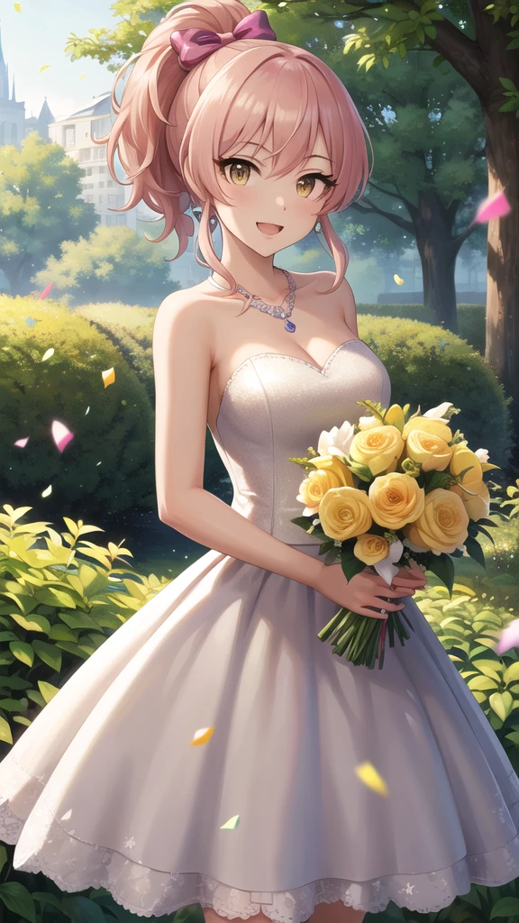 masterpiece, best quality, highres, aamika, ponytail, hair bow, wedding dress, strapless, necklace, white dress, garden, standing, cowboy shot, holding bouquet, open mouth, smile, confetti,