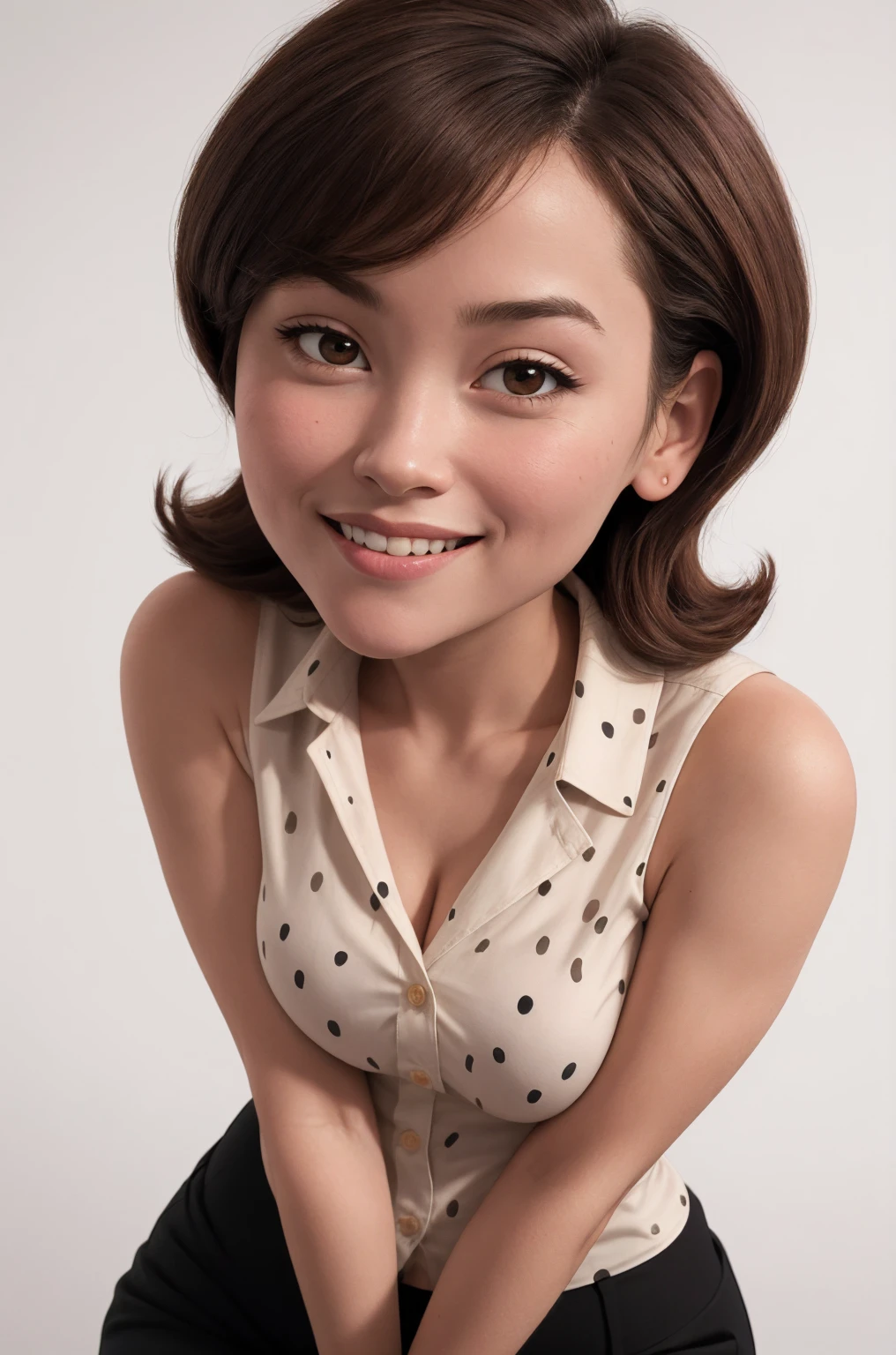 masterpiece, best quality, 1girl, solo, looking at viewer, breasts, helenparr, polka dot, collared shirt, dress shirt, buttons, black pants, simple background, white background, portrait, seductive smile,