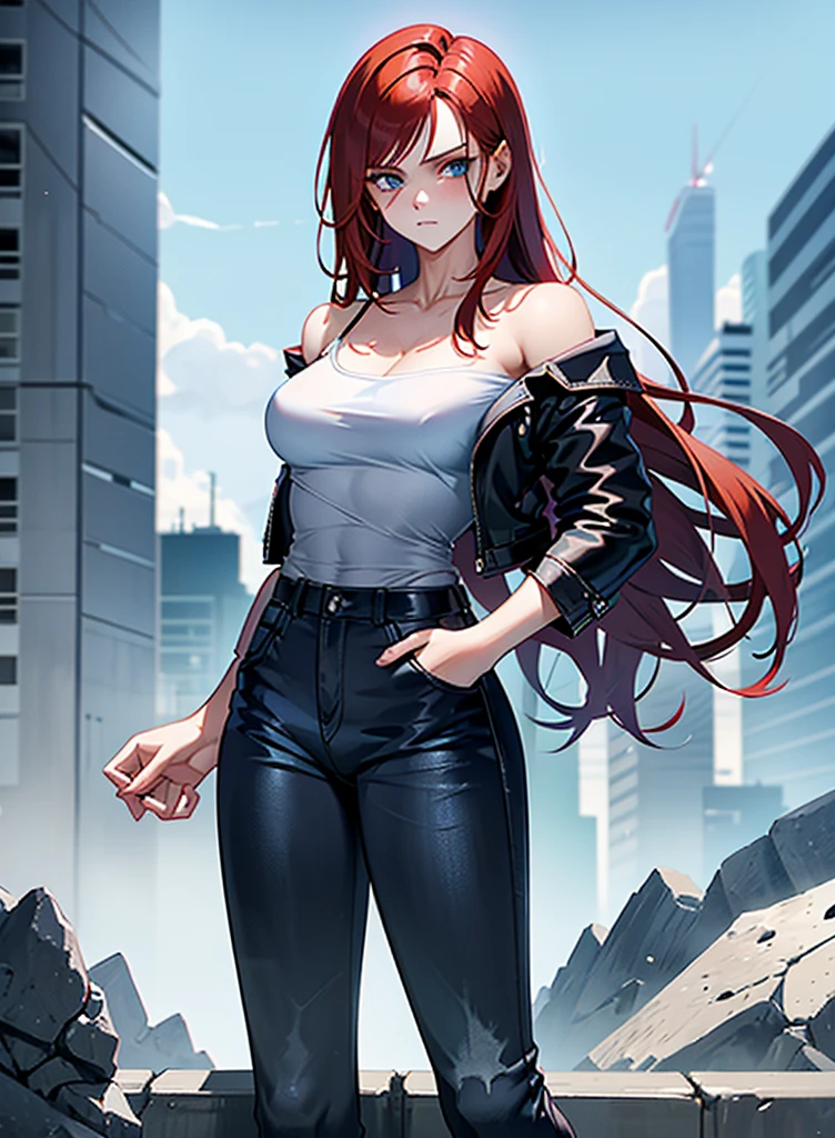 18 year old young girl, redhead with blue eyes, black leather jacket, Short white off-the-shoulder shirt, strong blue single foot jean pants, aura around the body dark red, serious look, sexy, long bristly hair