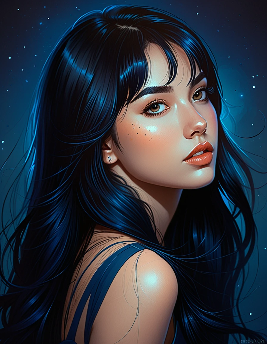 a 22yo woman with long black hair, in the style of charlie bowater, dark blue and dark black,realistic color palette, soft-focused realism,black hair, long hair, blunt bangs