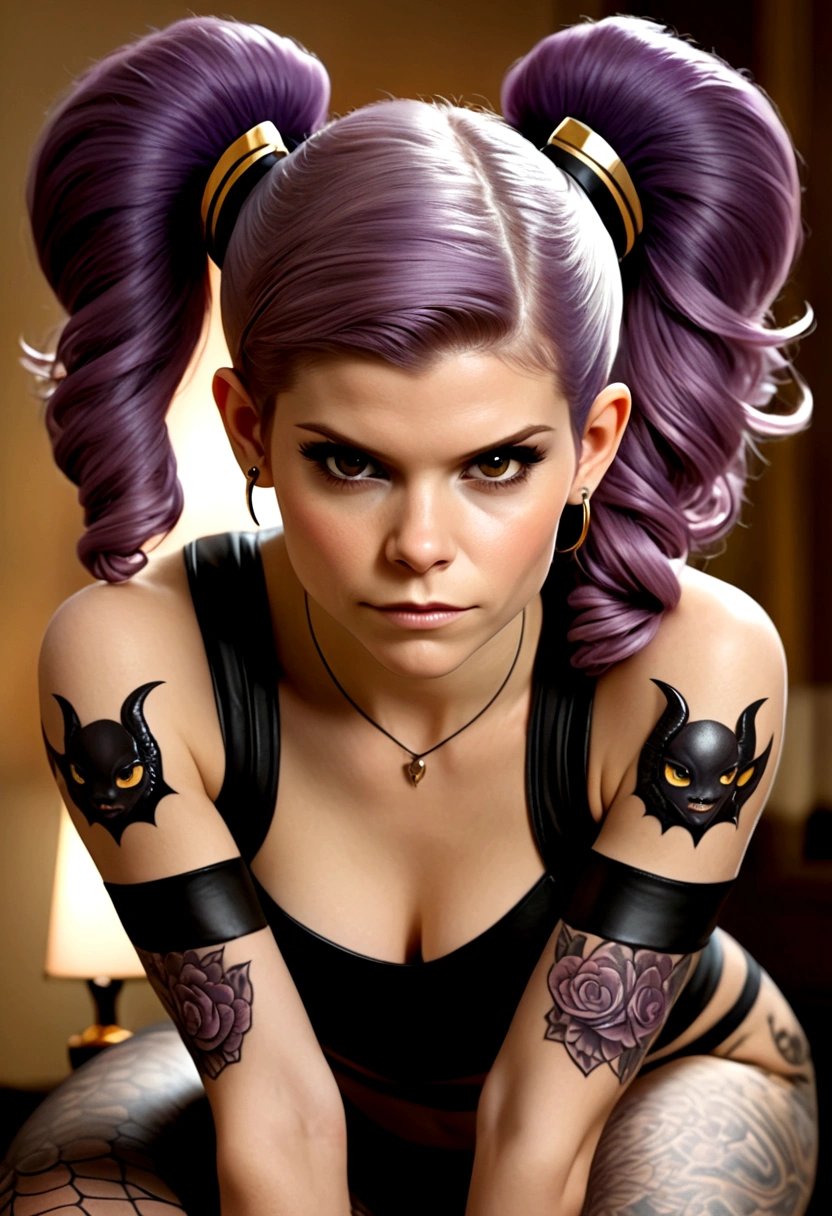 An adorable succubus (Kate Mara (age 25) violet skin, mega twintails, twin scorpion tails, tattoos, leathery bat wings, flirting, golden body jewelry, safe for work), in the bedroom
