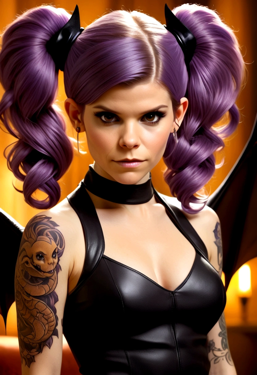 An adorable succubus (Kate Mara (age 25) violet skin, mega twintails, twin scorpion tails, tattoos, leathery bat wings, flirting, golden body jewelry, safe for work), in the bedroom
