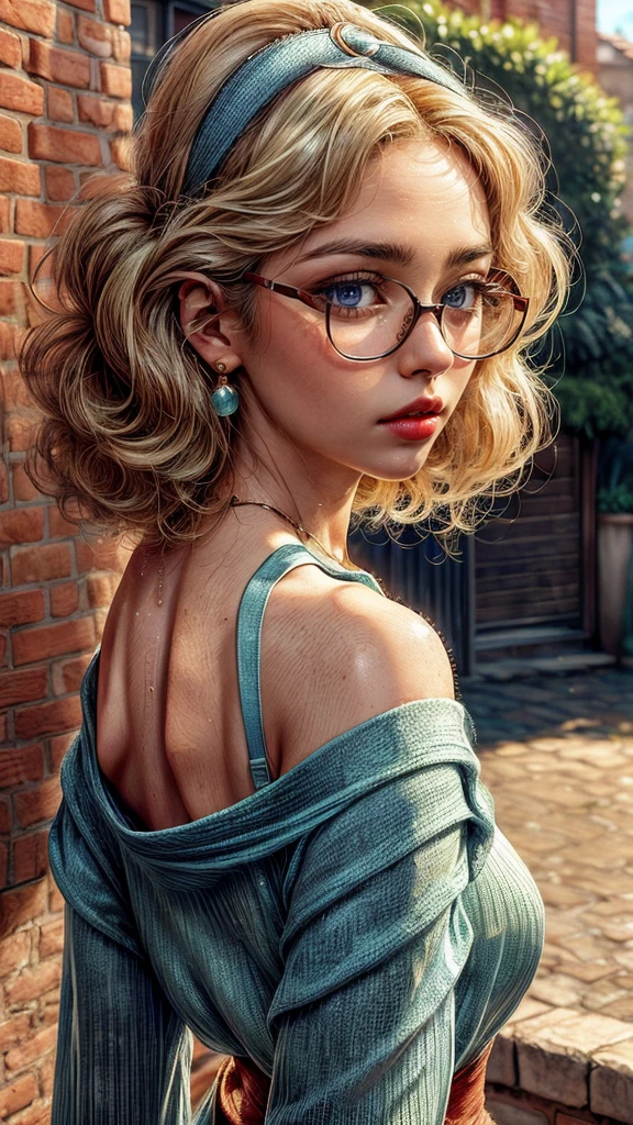 Rear view of 1 Russian Woman, legitimate albino, extremely thin and beautiful, perfect body, round ass, thin waist, wide hips, (well-shaped and delicate face with (freckles)), skin with highly detailed depth, is leaning against a brick wall, (hair over eyes, long, slightly messy and shiny, wavy blonde hair), (detailed, big bright eyes, light green eyes, curled eyelashes, big glasses), (sensual pout with mouth), wearing a short sweater showing the shoulders, (she is sweaty (shining with sweat)), ultra-realistic image, perfect symmetry, vibrant and sharp, dynamic vision, high quality, hyper-realistic and cinematic 32k.