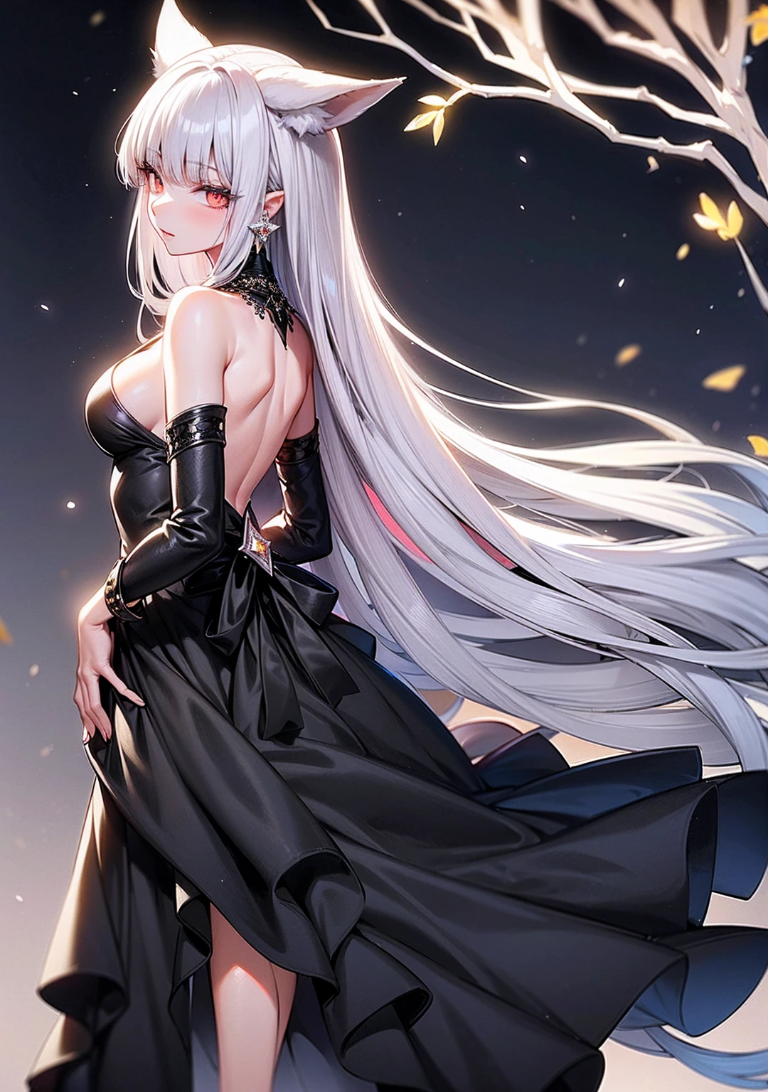 1 person、Black gorgeous evening dress、,lineage、Dressed in luxurious and exquisite fashion，Wear gorgeous jewelry，White long hair、Diamond Hair Accessories、Diamond necklace、Back、White fox ears、White Tail，Anatomically correct,Fireworks in the night sky、