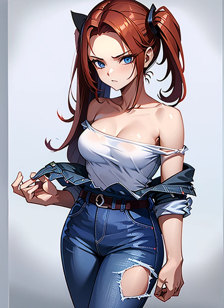 18 year old young girl, redhead with blue eyes, Short white off-the-shoulder shirt, single-leg jeans in bright blue, aura around the body dark red, serious look, sexy, long bristly hair