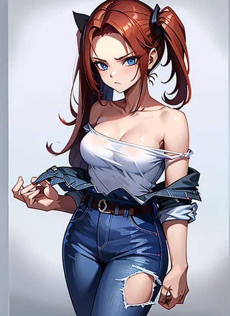 18 year old young girl, redhead with blue eyes, Short white off-the-shoulder shirt, single-leg jeans in bright blue, aura around...