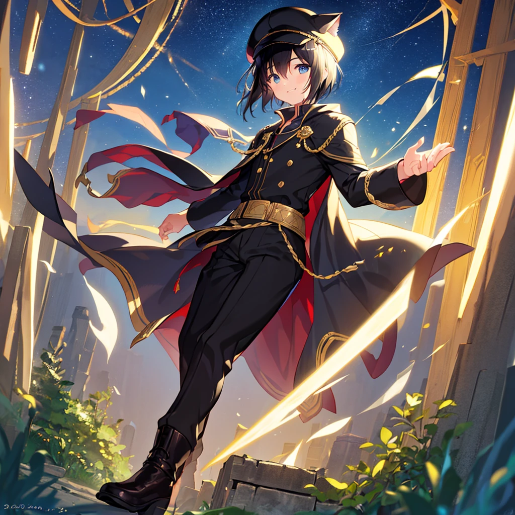 A young man with short black hair,Hair that hides ears,Golden Eyes,wearing a newsboy cap,Cape,slacks,boots,Cat tail,A cute face looking at the night sky in the forest,smile,Highest quality,4K,8K,High resolution,masterpiece:1.2,Super detailed,High resolution,超High resolution,Studio Lighting,Ultra-fine painting,Sharp focus,Physically Based Rendering,Very detailed explanation,Professional,Vibrant colors,Bokeh,Fantasy,