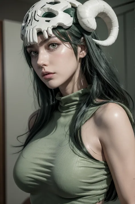 Nelliel from bleach, realistic, age 25, extreme pure white skin, skull on head, light green long hair, torn green shirt, perfect...