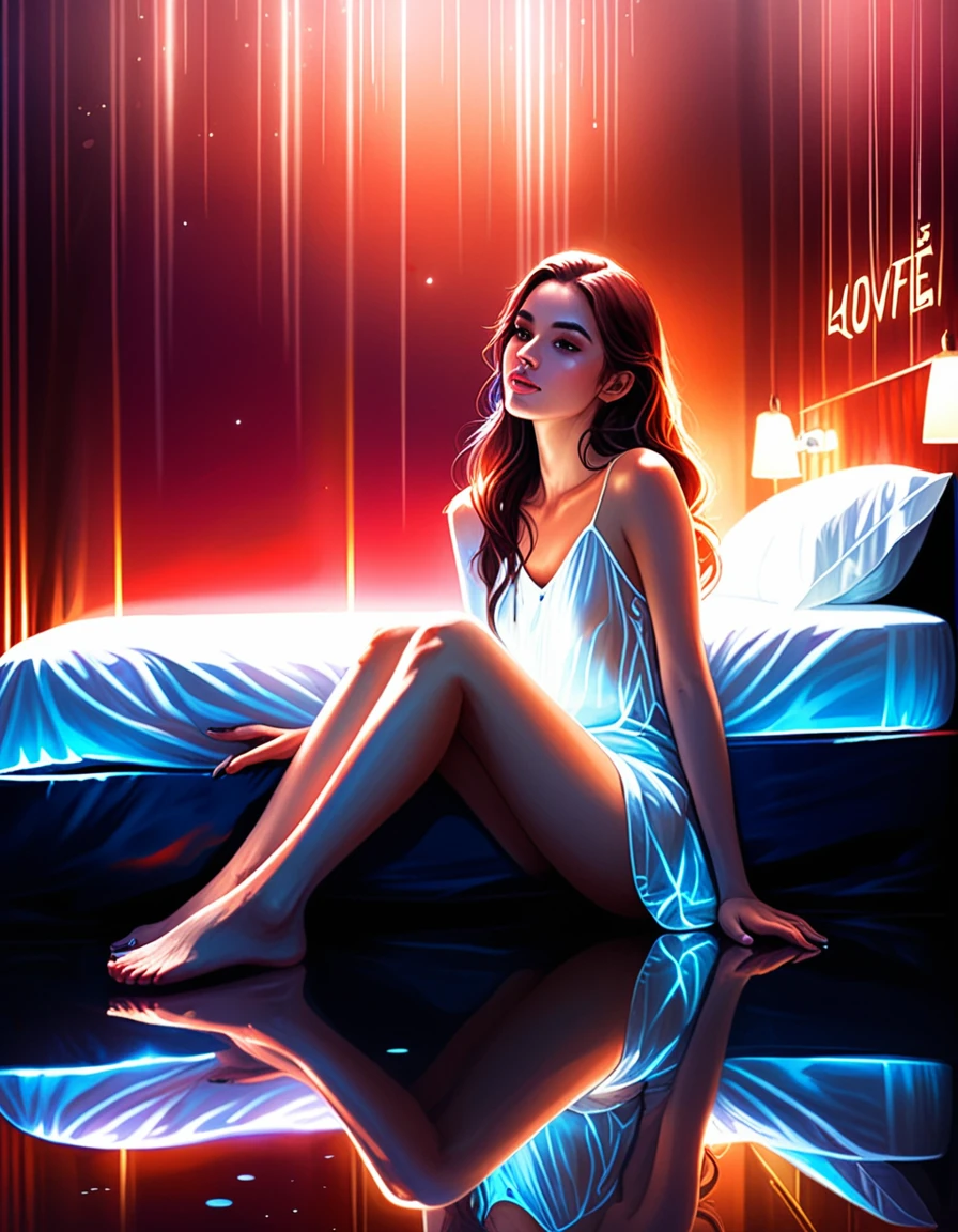 rating_safe, lovehotel, reflection ground, glowing bed, sitting, 1girl, American,close up,  in the style of charlie bowater,from front, looking at viewer