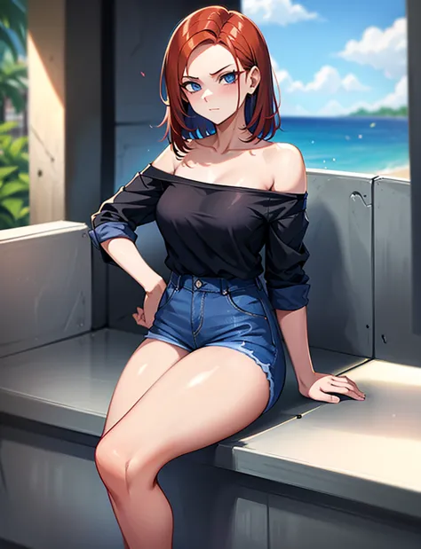 18 year old young girl, redhead with blue eyes, Short white off-the-shoulder shirt, single-leg jeans in bright blue, serious loo...