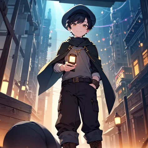 A young man with short black hair,Hair that hides ears,Golden Eyes,wearing a newsboy cap,Cape,slacks,boots,Cat tail,A cute face ...