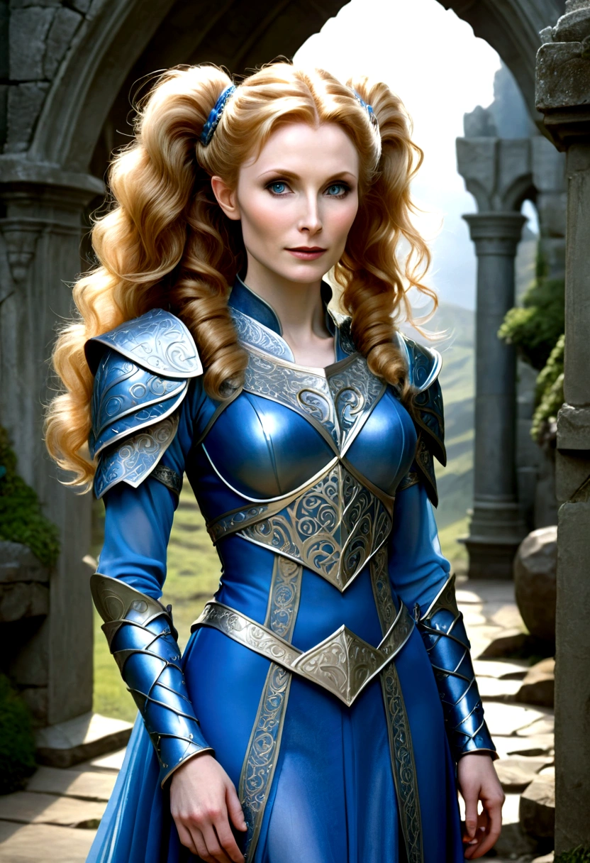 Gates McFadden (age 20) (young elven maiden, big hair, twintails, intricate sheer blue dress, mithril chest plate armor, mithril magic sword), chasing off some pesky kobolds, ruins