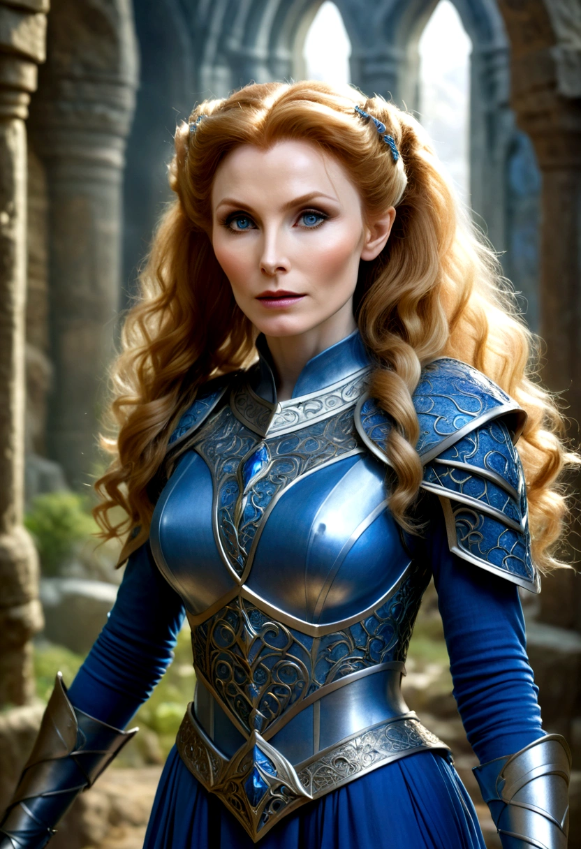 a beautiful young elven maiden, gates mcfadden (age 20), with big hair and twintails, wearing an intricate sheer blue dress, mithril chest plate armor, wielding a mithril magic sword, chasing off some pesky kobolds in ancient ruined castle, highly detailed, photorealistic, 8k, masterpiece, dramatic lighting, cinematic composition, vibrant colors