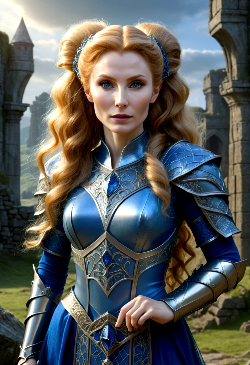 a beautiful young elven maiden, gates mcfadden (age 20), with big hair and twintails, wearing an intricate sheer blue dress, mithril chest plate armor, wielding a mithril magic sword, chasing off some pesky kobolds in ancient ruined castle, highly detailed, photorealistic, 8k, masterpiece, dramatic lighting, cinematic composition, vibrant colors