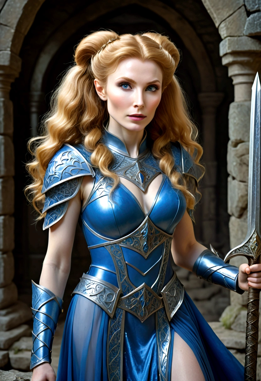 a beautiful young elven maiden, gates mcfadden (age 20), with big hair and twintails, wearing an intricate sheer blue dress, mithril chest plate armor, wielding a mithril magic sword, chasing off some pesky kobolds in ancient ruined castle, highly detailed, photorealistic, 8k, masterpiece, dramatic lighting, cinematic composition, vibrant colors