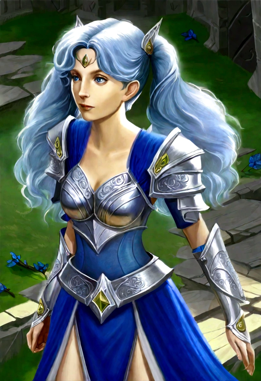 Gates McFadden (age 20) (young elven maiden, big hair, twintails, intricate sheer blue dress, mithril chest plate armor, mithril magic sword), chasing off some pesky kobolds, ruins
