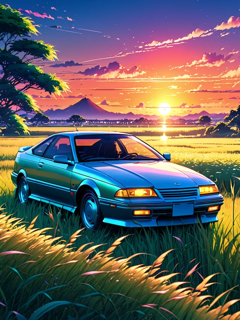 Anime-Landschaft eines Pearl Super Space Laser Burgundy Classic Opel Calibra Sport sitzt in einem Feld mit hohem Gras mit einem Sonnenuntergang im Hintergrund.schöne Anime-Szene, Schöne Anime-Friedensszene, Makoto Shinkai Cyril Rolando, schöne Anime-Szene, tolle Tapete, Anime-Kunst-Hintergrundbild 8K, Anime-Hintergrund, artistic Anime-Hintergrund, Anime-Hintergrundbild 4k, Anime-Kunst 4k Hintergrundbild, Anime-Tapetenkunst 4k,