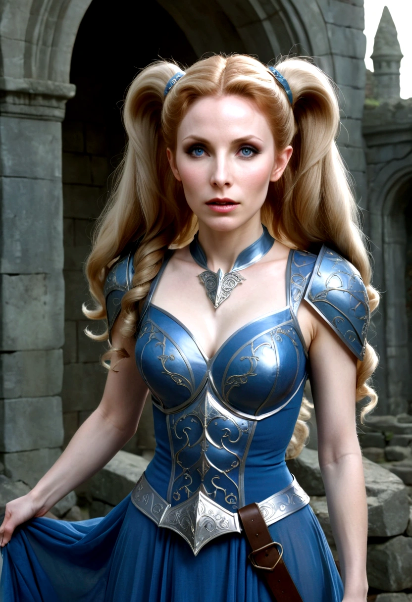 Gates McFadden (age 20) (young elven maiden, big hair, twintails, intricate sheer blue dress, mithril chest plate armor, mithril magic sword), chasing off some pesky kobolds, ruins
