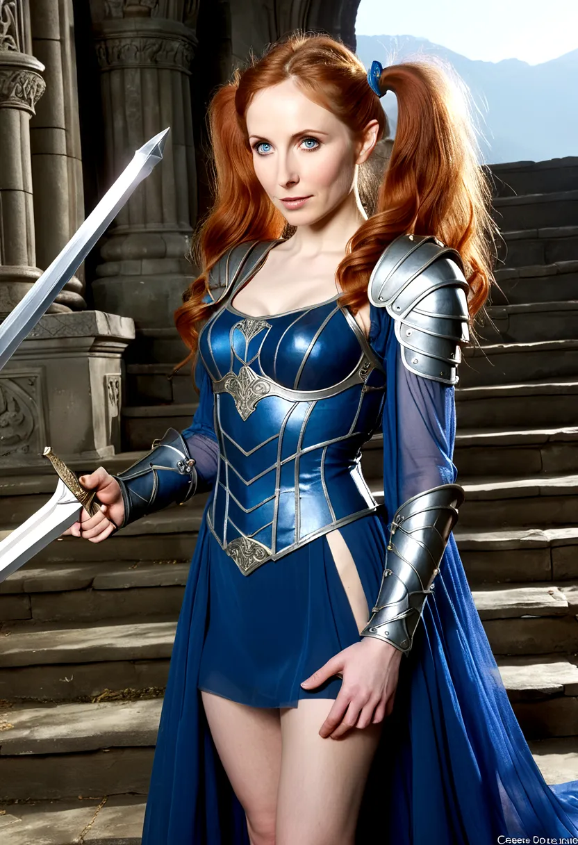 gates mcfadden (age 20) (young elven maiden, big hair, twintails, intricate sheer blue dress, mithril chest plate armor, mithril...