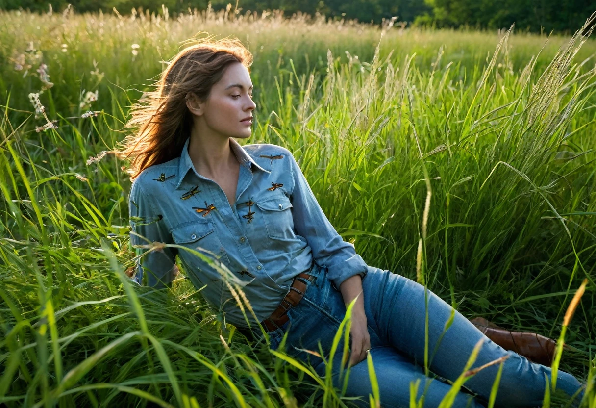 a woman sits in a tall grass meadow, blue grass, dense greenery surrounding her, she's hidden, camouflaged:1.1, grown past her waist, TALL grasses, she sits in the WILD FLOWER meadow, tip of blue sky, warm sunlight edges every grass, glow bugs, lighting bugs, BUGS:1.2, dense ecosystem, early evening summer, warm and hot air, her hair merges into the light, her jeans comforting, the slush amber shirt, pristine collar, styled, patches on fabrics, she's dreamy of one, she's part of this meadow entering into the multi dimensional...she's following a creature in the grass, watching it, following the creature with her eyes, this is the spot she can relax into, the insects and animals come to her, DRAGONFLY:1.2, rolly polly, ladybug, cobwebs, and insects patient, stuttering, mesmerizing